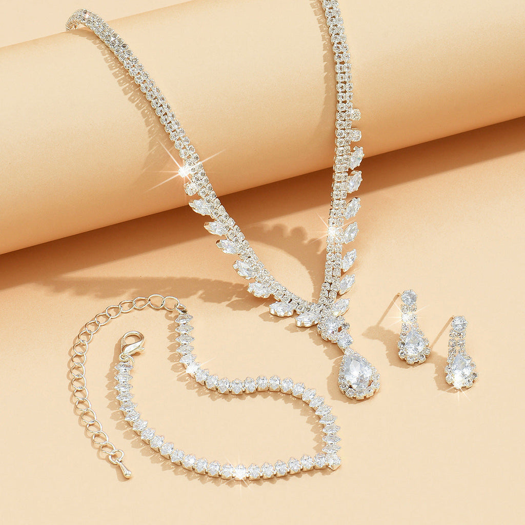 European And American New Style Water Drop Earrings, Necklace, Bracelet Three-Piece Set, Fashionable And Super Shiny, High-End Crystal Zircon Bridal Jewelry