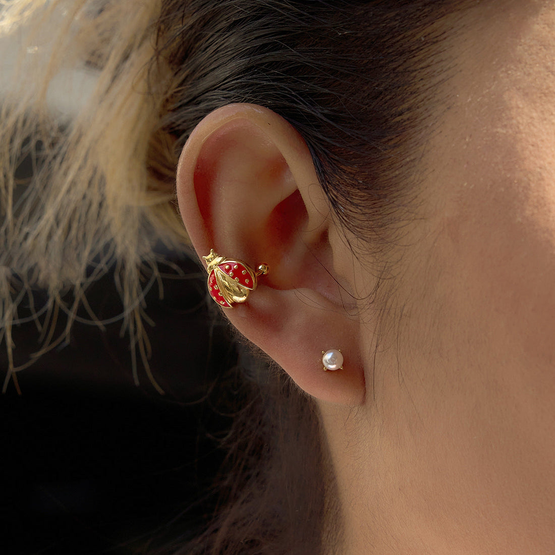 Gold Ladybug Ear Cuff with Pearl Stud in Waterproof Stainless Steel