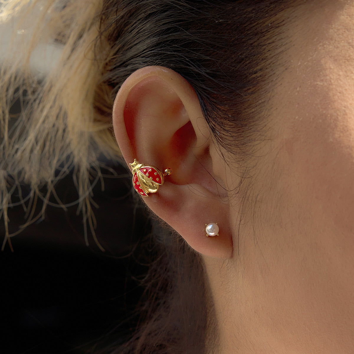 Gold Ladybug Ear Cuff with Pearl Stud in Waterproof Stainless Steel