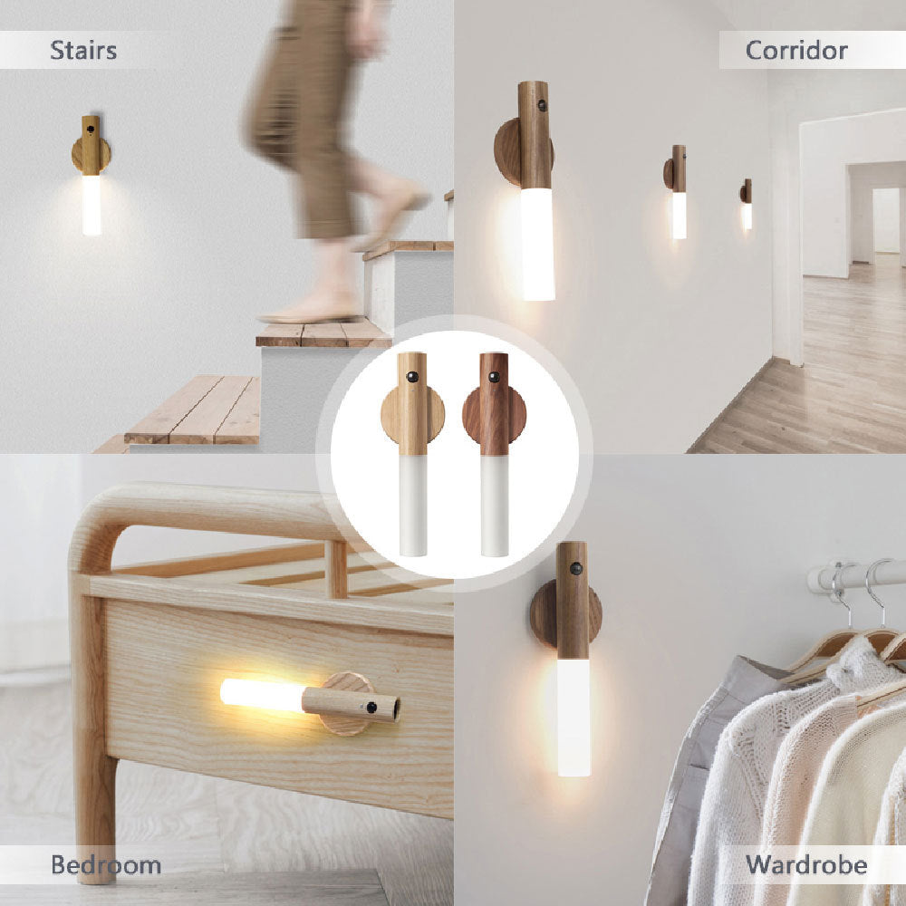 PIR Motion Sensor Night Light – Magnetic Wooden LED Wall Lamp, Rechargeable