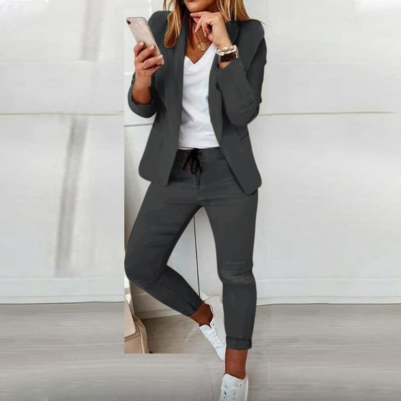 Women Notch-Lapel Blazer and Drawstring Pants Two-Piece Suit