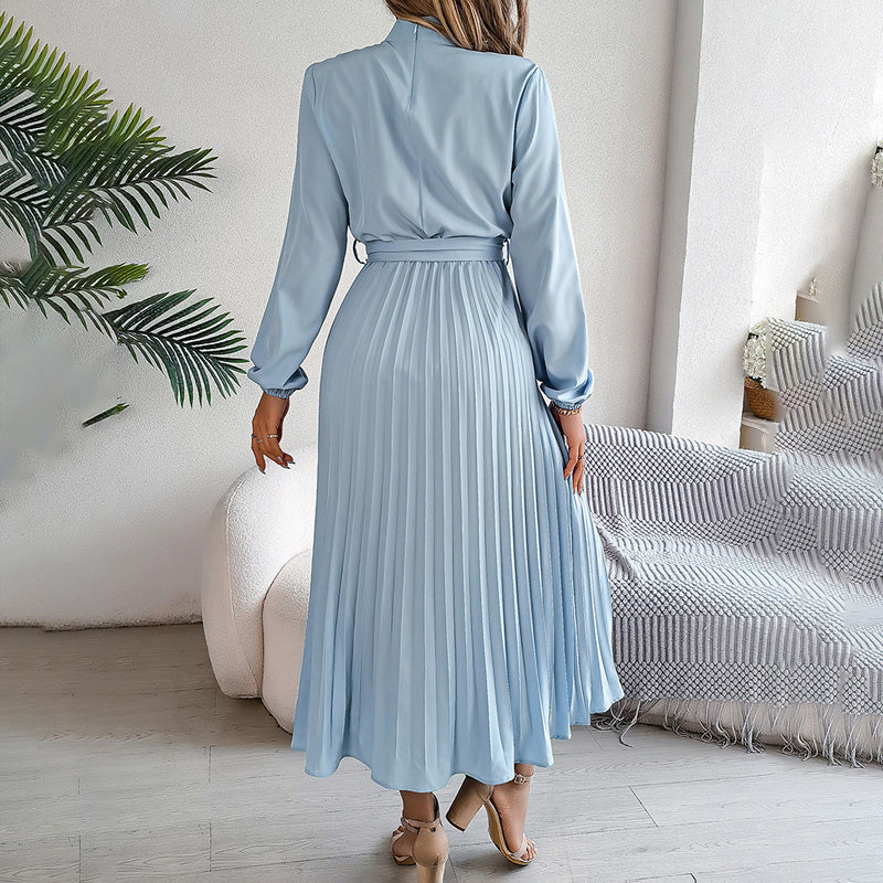 High Neck Pleated Long Sleeve Maxi Dress in Light Blue & Maroon