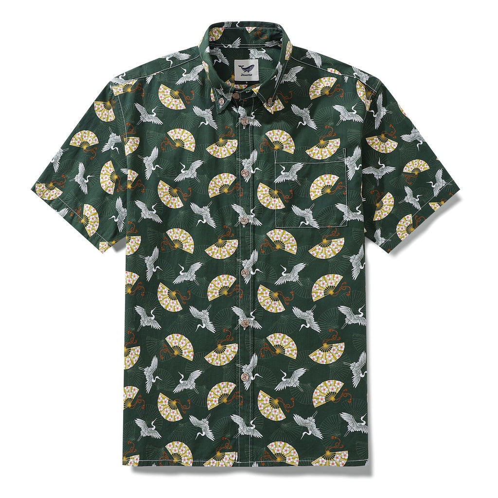 Dark green Hawaiian shirt featuring a Japanese crane and fan print design by Julia Madoka.