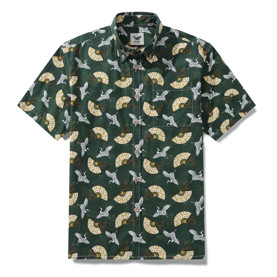 Dark green Hawaiian shirt featuring a Japanese crane and fan print design by Julia Madoka.