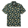 Dark green Hawaiian shirt featuring a Japanese crane and fan print design by Julia Madoka.