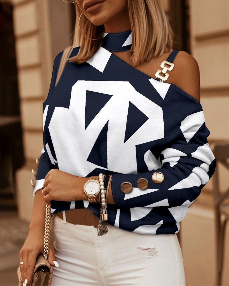 Women's Color-Block Cold-Shoulder Zip-Front Blouse