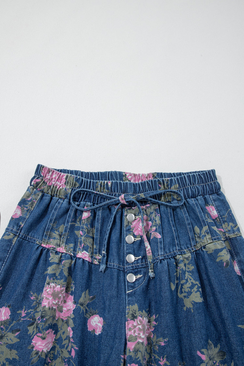Floral Print Wide Leg Denim Jeans with Tie Waist