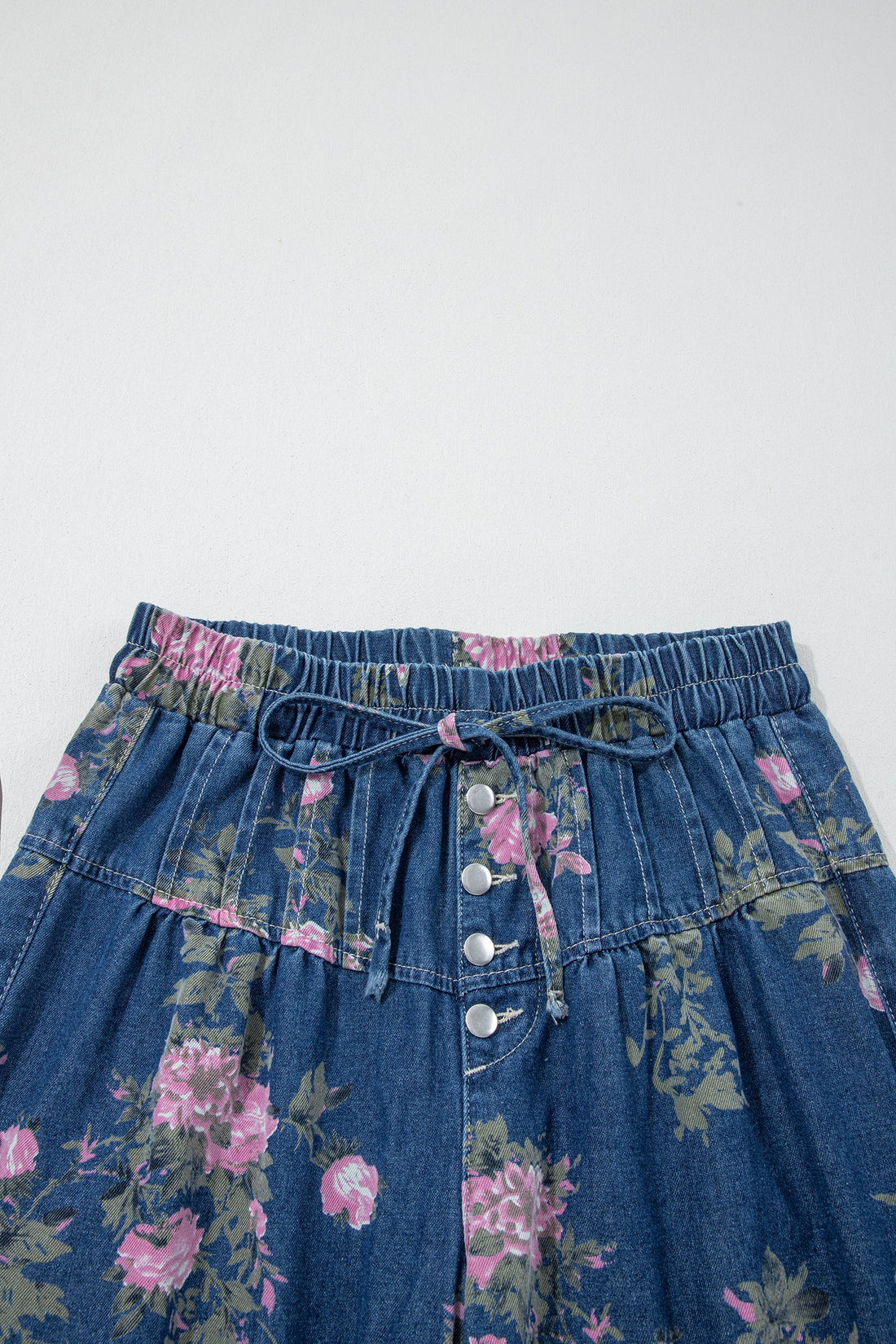 Floral Print Wide Leg Denim Jeans with Tie Waist