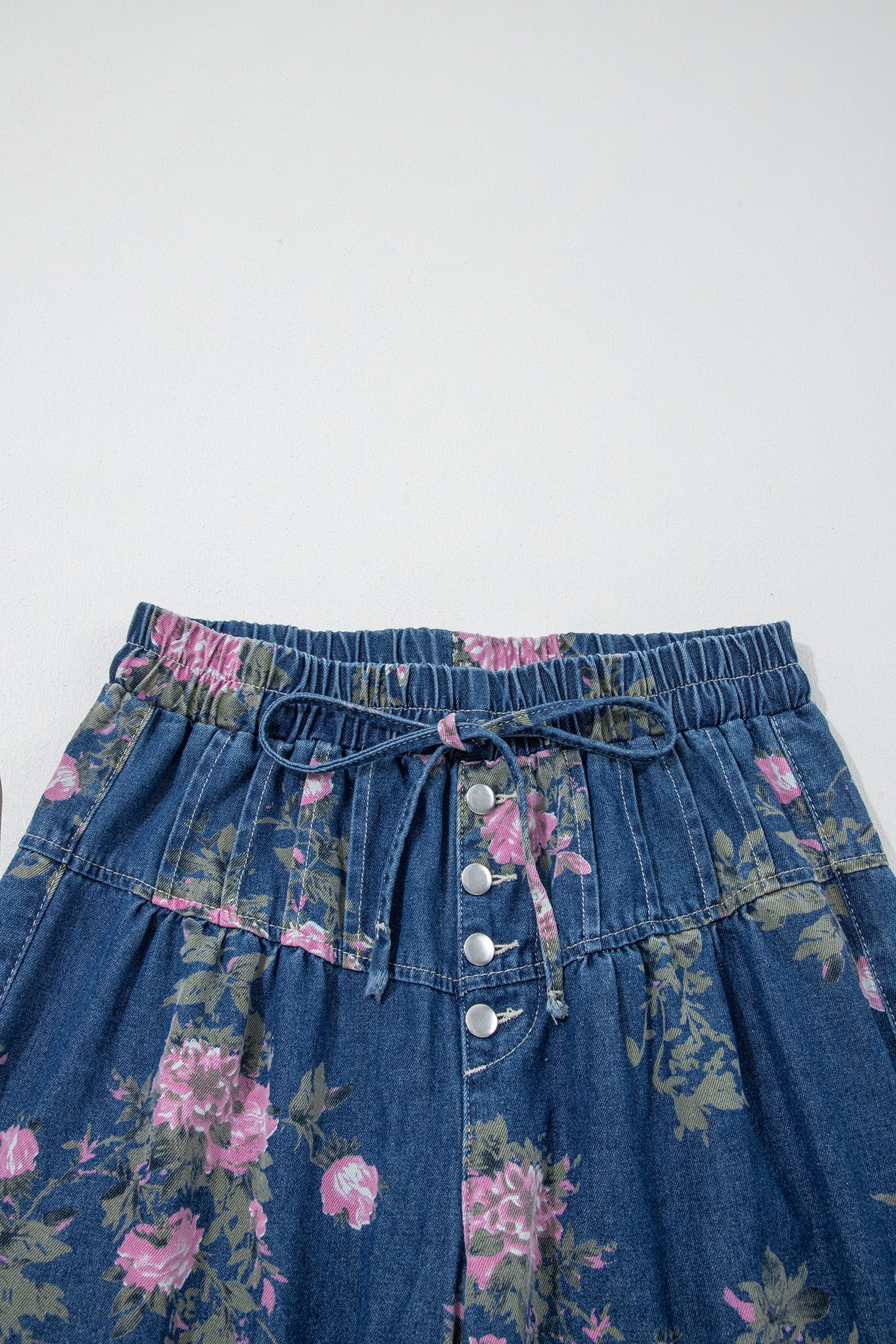 Floral Print Wide Leg Denim Jeans with Tie Waist