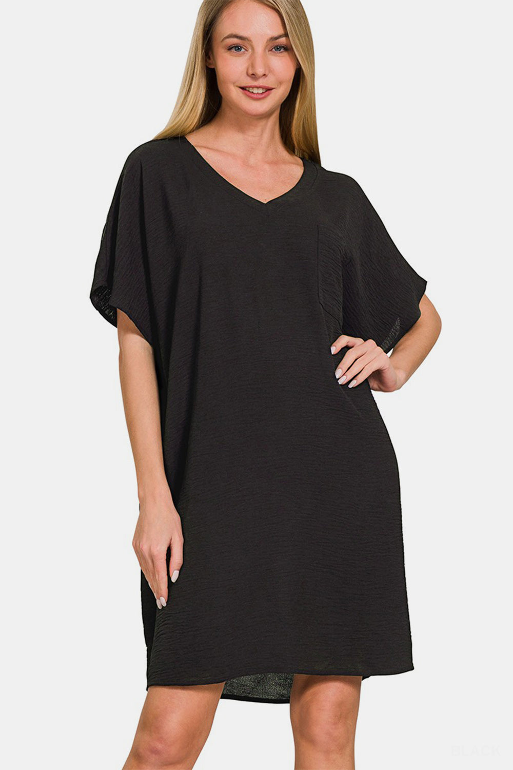 Simple casual V-neck tee dress with side pockets
