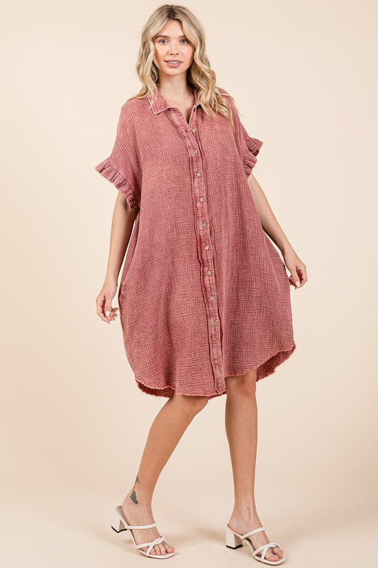 Mineral Wash Cotton Gauze Mini Shirt Dress with Ruffle Sleeves