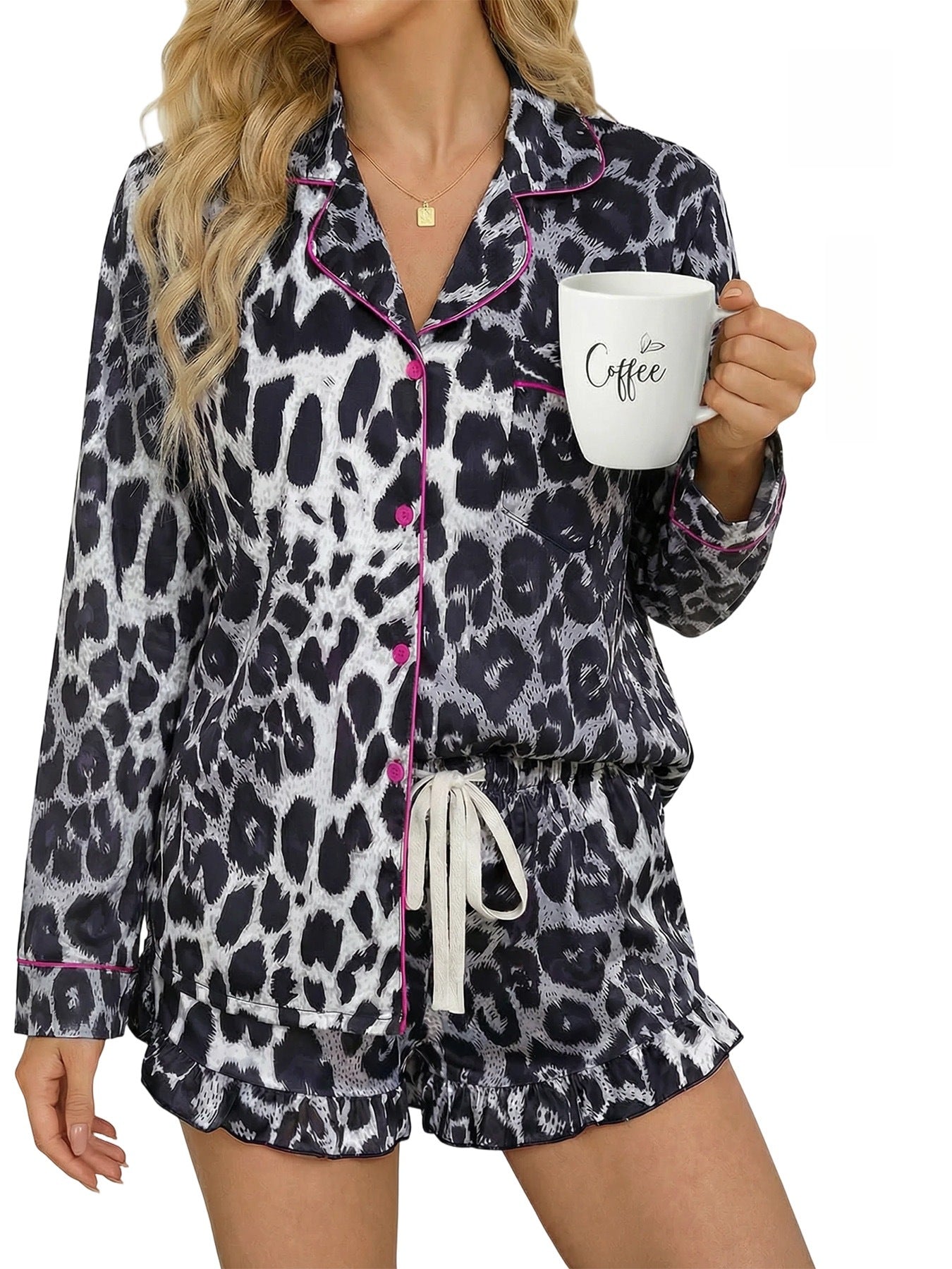 Women's Leopard Print Milk Silk Pajama Set with Ruffled Shorts - Image 4