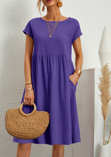 Cotton Blend Round Neck A-Line Skirt Dress