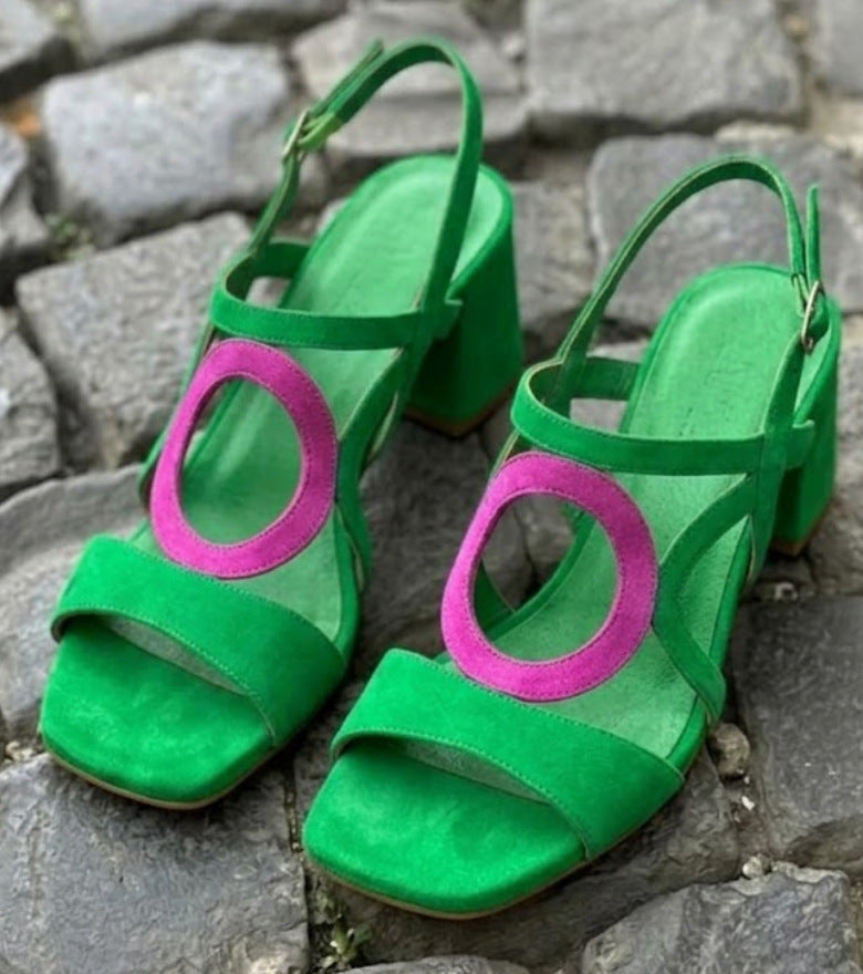 Suede Hollow-Out Pointed Toe Stiletto Sandals with Buckle Strap