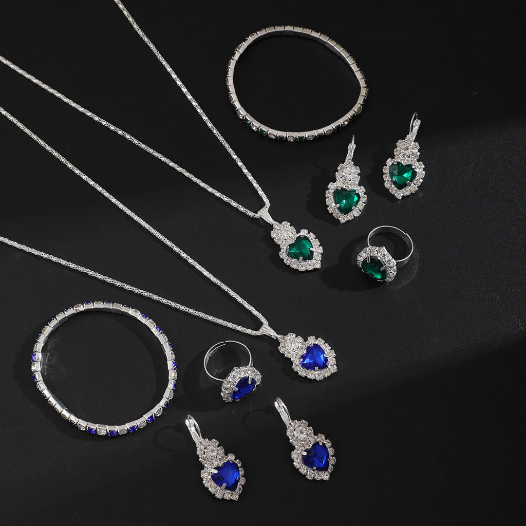 European And American Wholesale Four-Piece Set Of Diamond-Encrusted New Heart-Shaped Water Drop Rhinestone Necklace Earrings Ring Four-Piece Set For Women Cross-Border