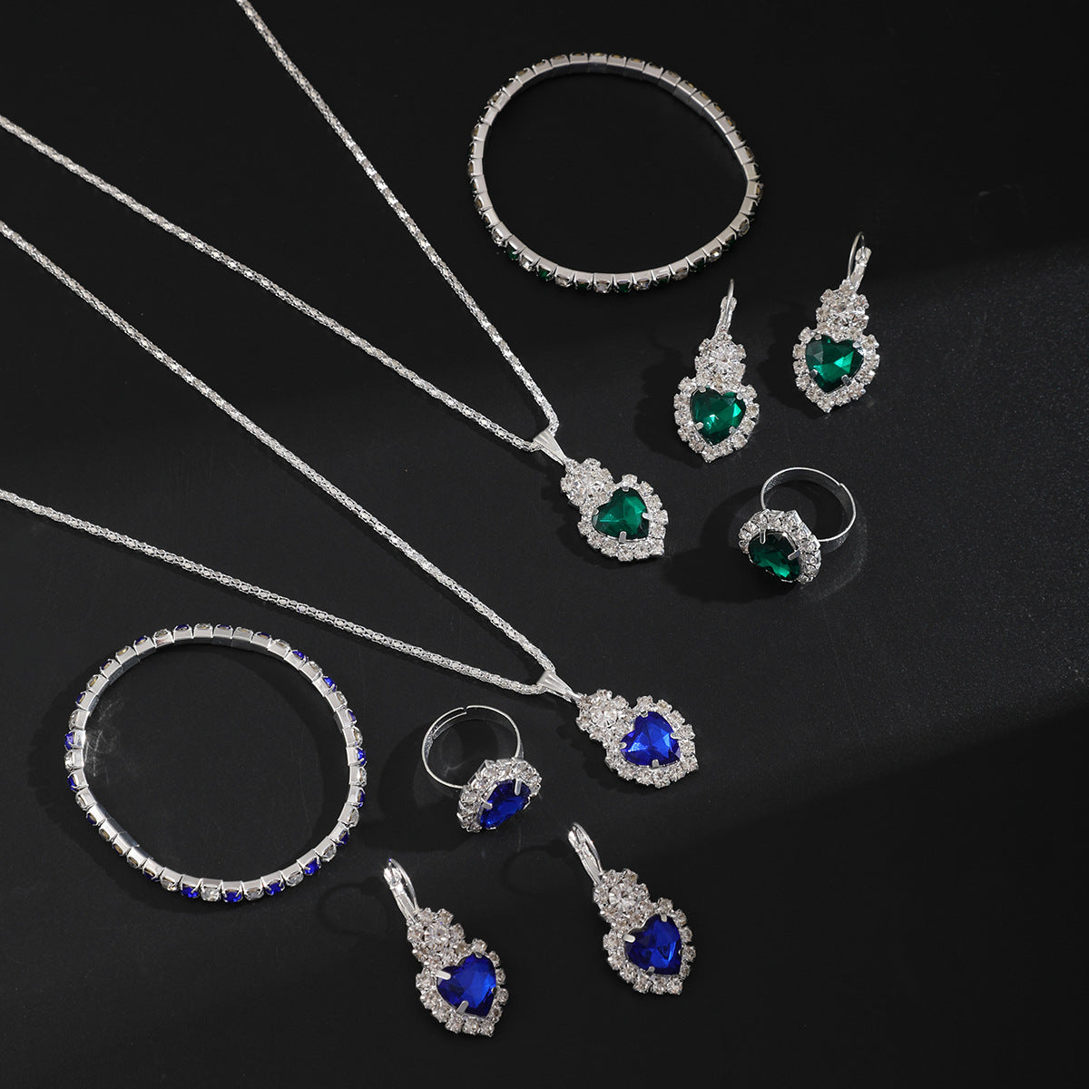 European And American Wholesale Four-Piece Set Of Diamond-Encrusted New Heart-Shaped Water Drop Rhinestone Necklace Earrings Ring Four-Piece Set For Women Cross-Border