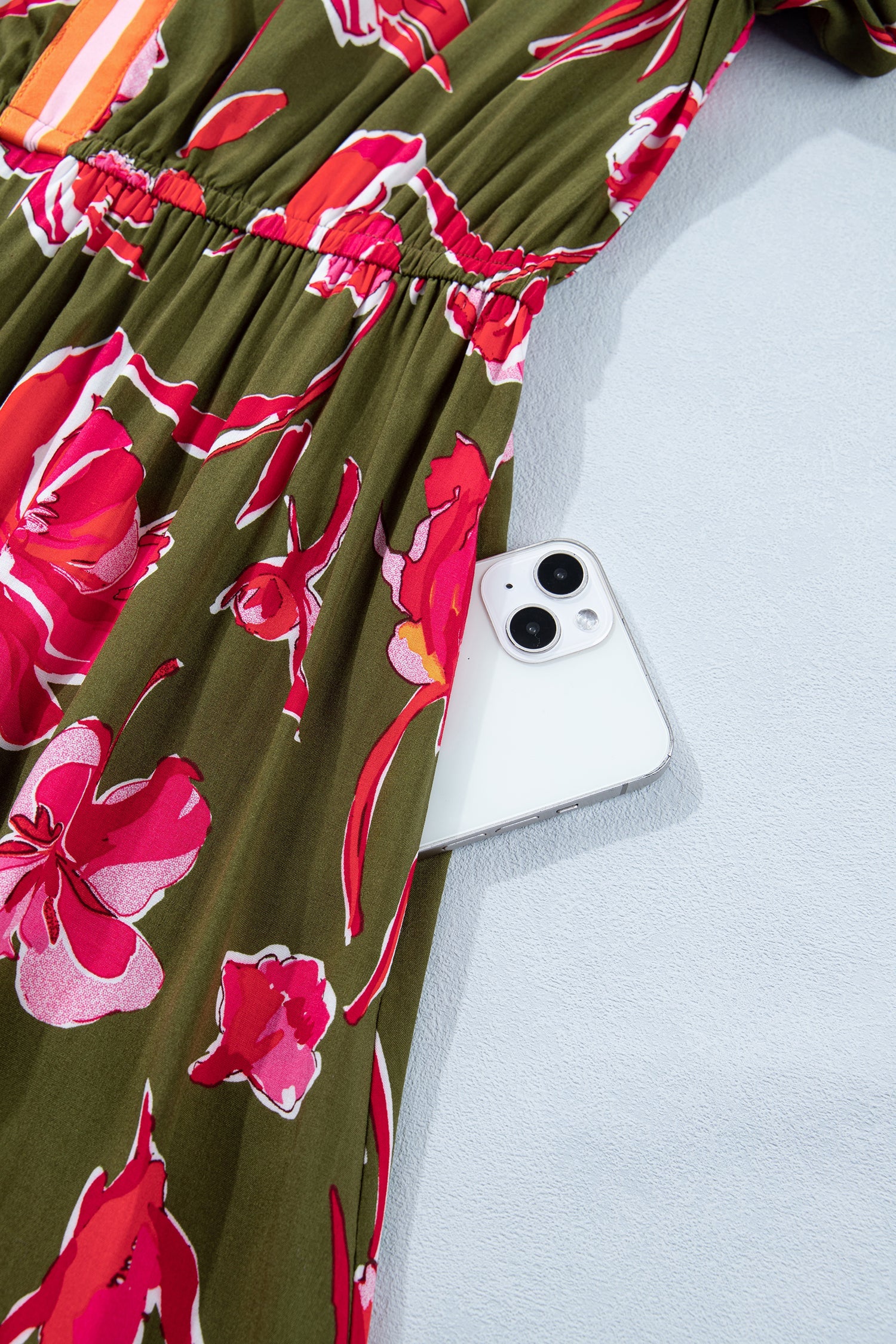 Women's Floral Maxi Dress with Striped Trim & Puff Sleeves