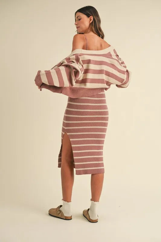 Stripe Knit Crop Cardigan and Bodycon Sweater Dress Set