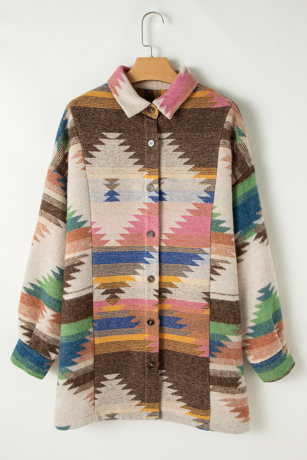 White Aztec Print Button Up Shacket | Polyester