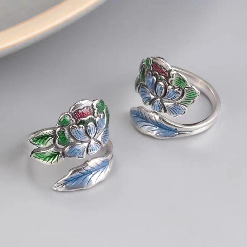 Vintage Thai Silver Tone Alloy Open Ring For Women, Enamel Peony Lotus Flower Ethnic Style Adjustable Finger Jewelry