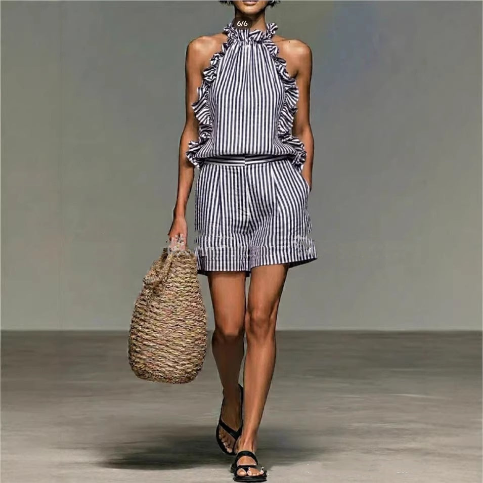 Women's Striped Ruffled High Neck Sleeveless Top and Shorts Set - Image 5