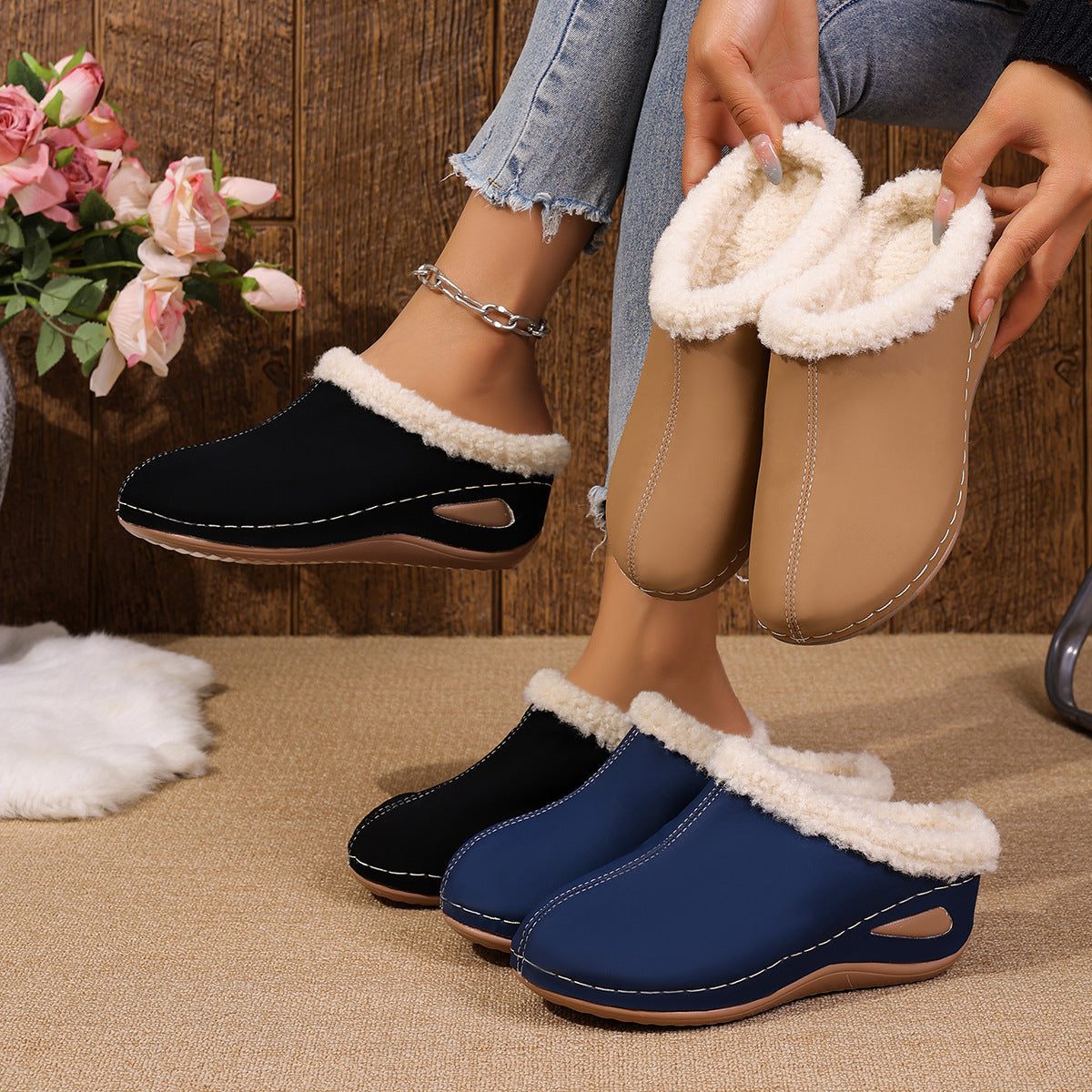 Women wearing comfortable fur-lined wedge clogs with platform soles in various colors.