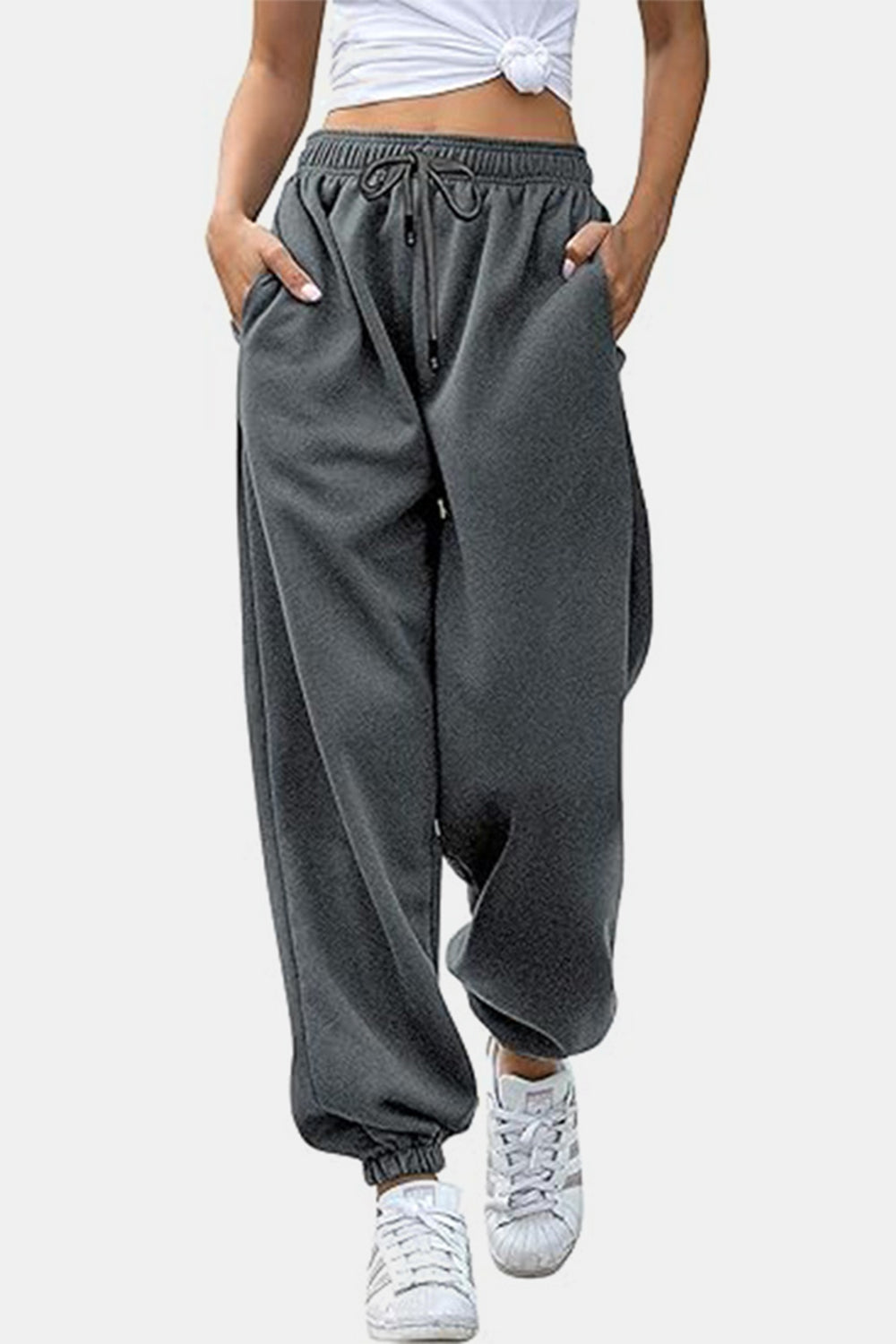 Women's Black Elastic Waist Jogger Pants with Side Pockets - Image 13