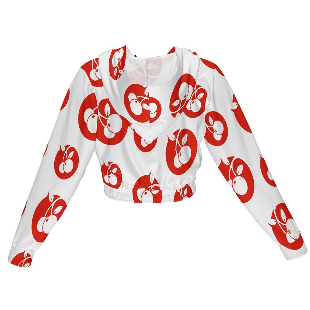 A women's white cropped zip-up jacket with a red cherry pattern shown from front and back view.