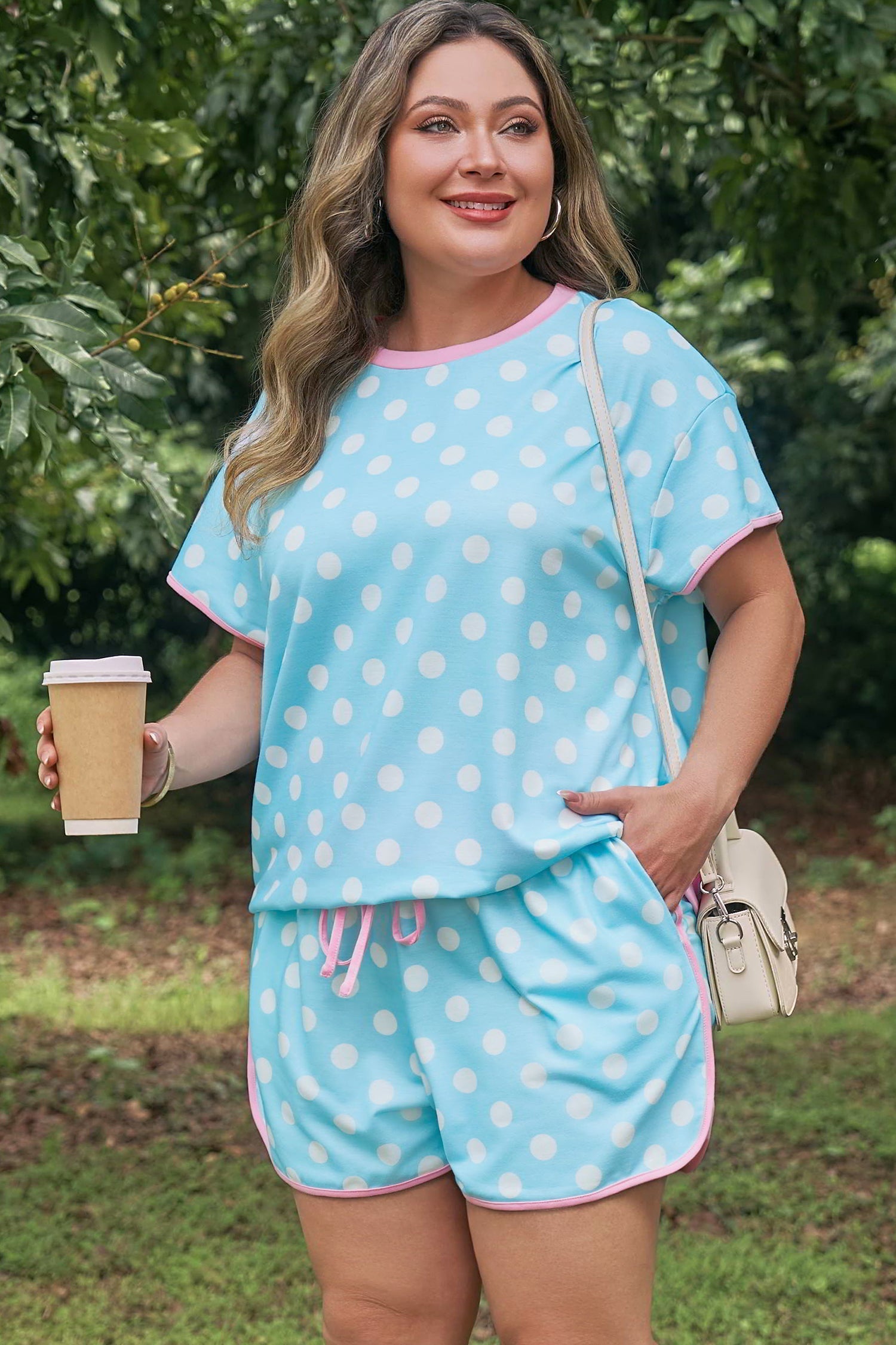 Polka Dot Short Sleeve Lounge Set with Pink Trim in Light Blue