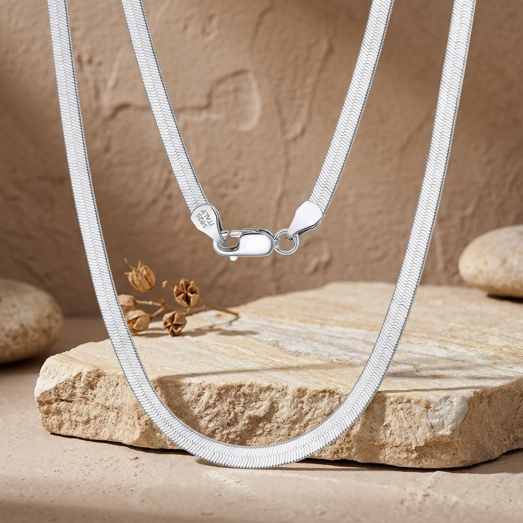 925 Sterling Silver Elegant  Herringbone Chain Necklace with Secure Lobster Clasp