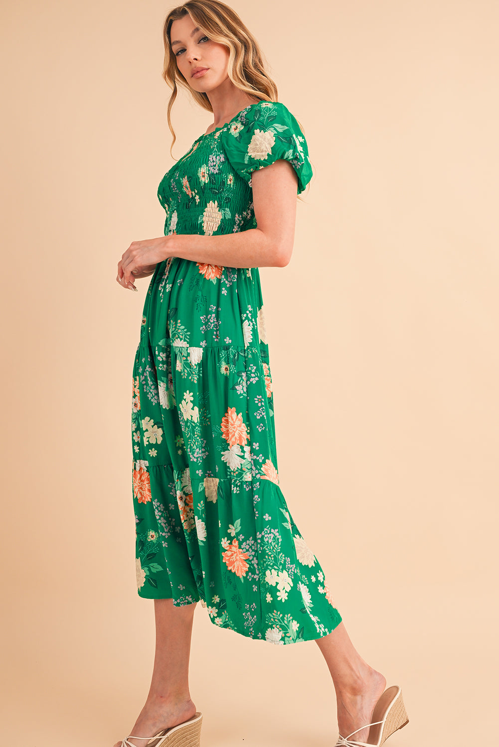 Green Floral Bubble Sleeve Smocked Midi Dress | Viscose