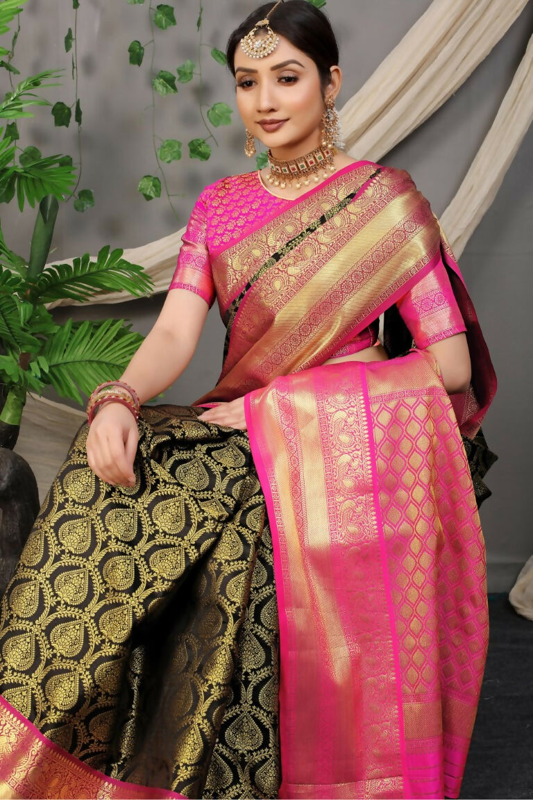 Black Kanjivaram Silk Saree with Pink Blouse and Zari Work