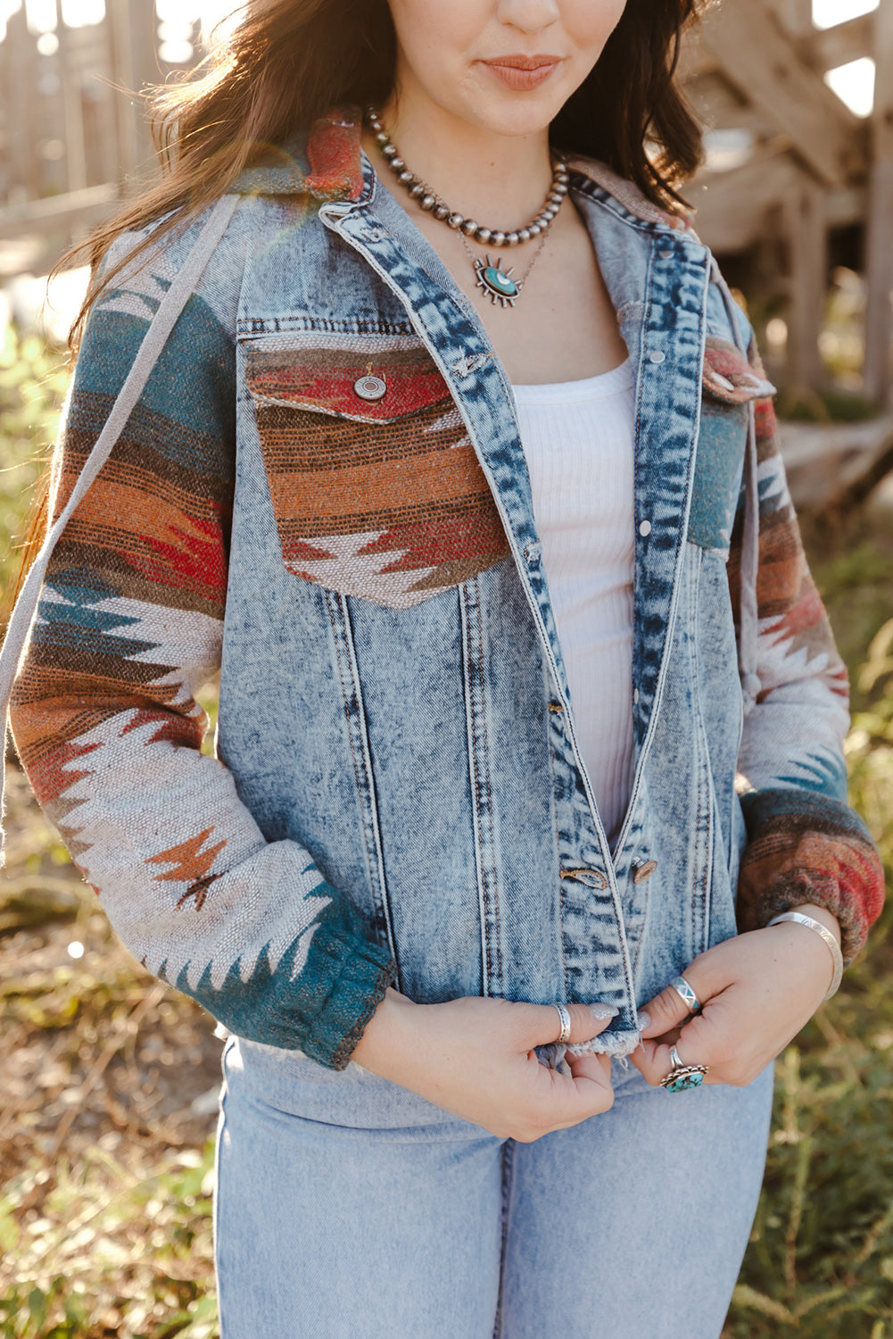 Multicolor Aztec Print Frayed Hem Denim Jacket | Boho