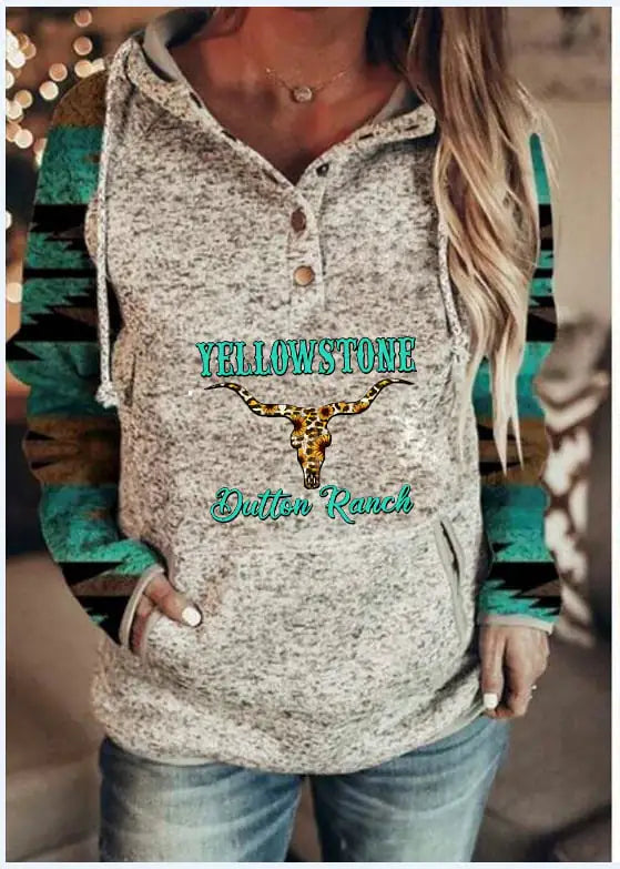 Women Grey Yellowstone Dutton Ranch Graphic Hooded Pullover Sweater