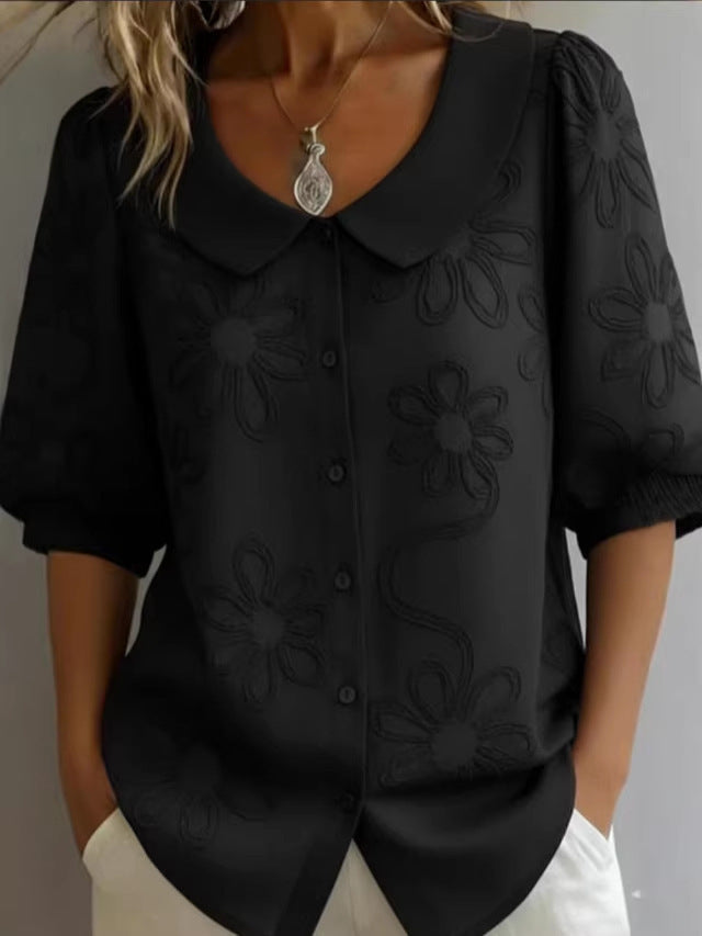 Women's Loose-Fit Retro 3D Embroidered Floral Buttoned Casual Top - Image 6