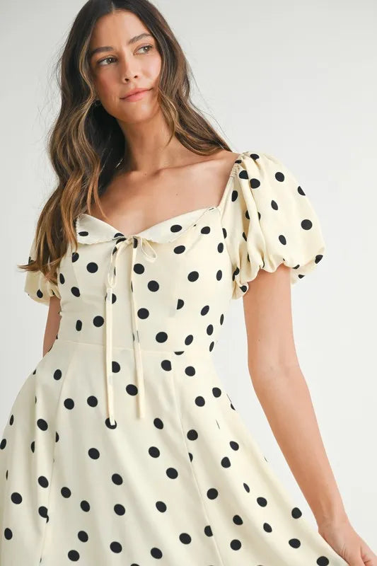 Vintage Polka Dot Puff Sleeve Midi Dress with Retro Flutter