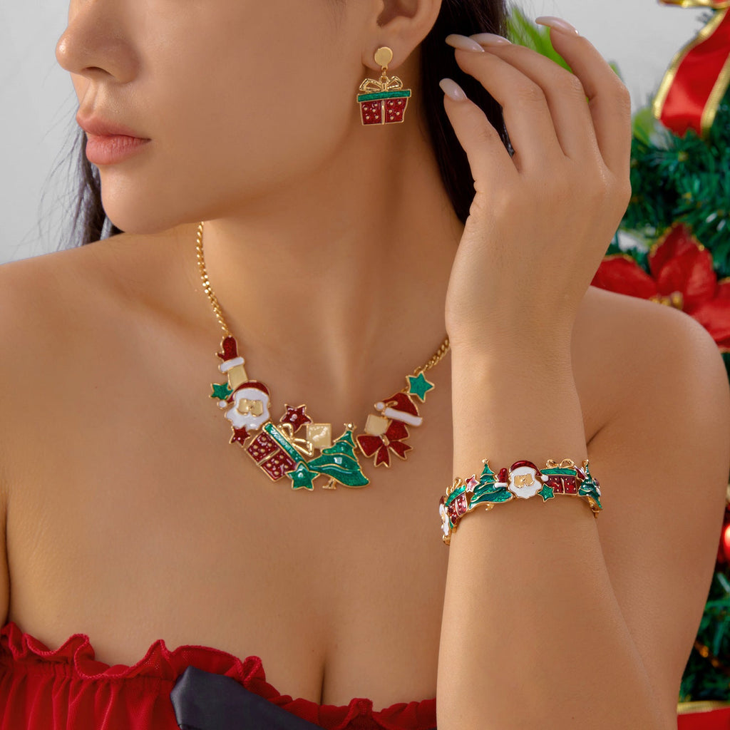 European And American Cross-Border Christmas Gifts Christmas Necklace Bracelet Earrings Set Female Cute Cartoon Bracelet Holiday Jewelry
