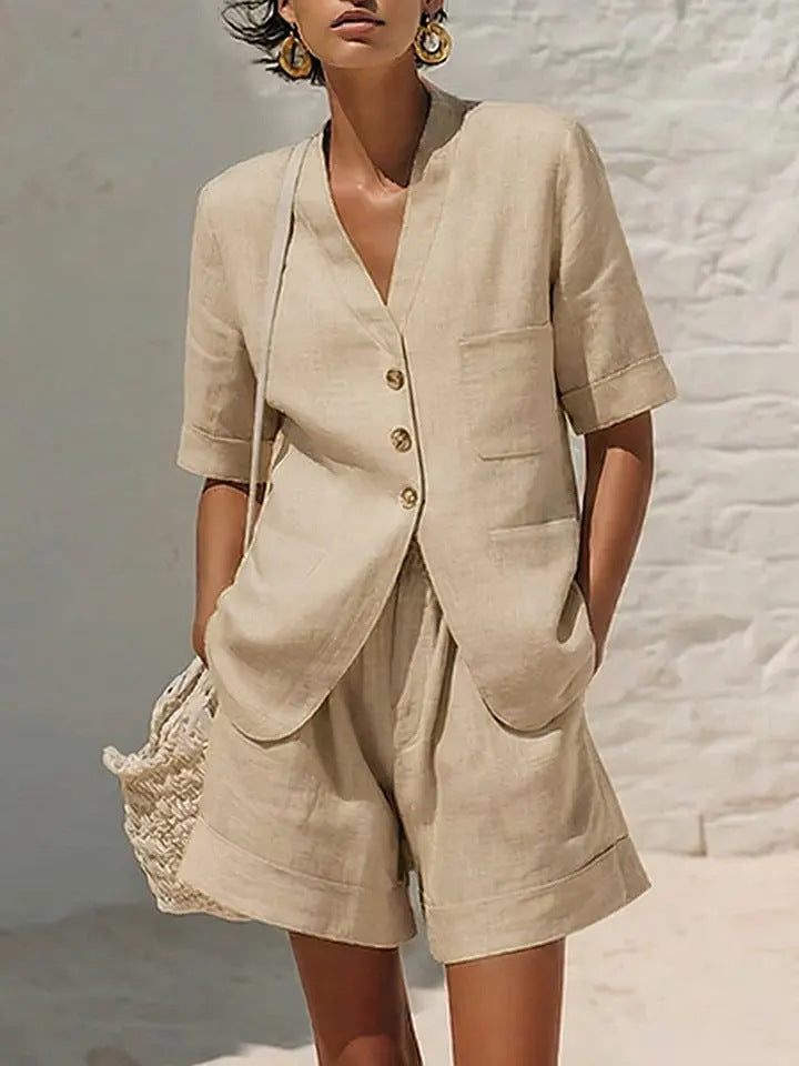 Women's Cotton-Linen Button-Down Top and Relaxed Shorts Set - Image 7