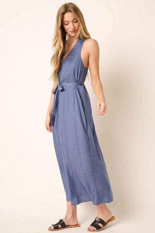Cross Back V-Neck Belted Tank Maxi Dress for Effortless Elegance