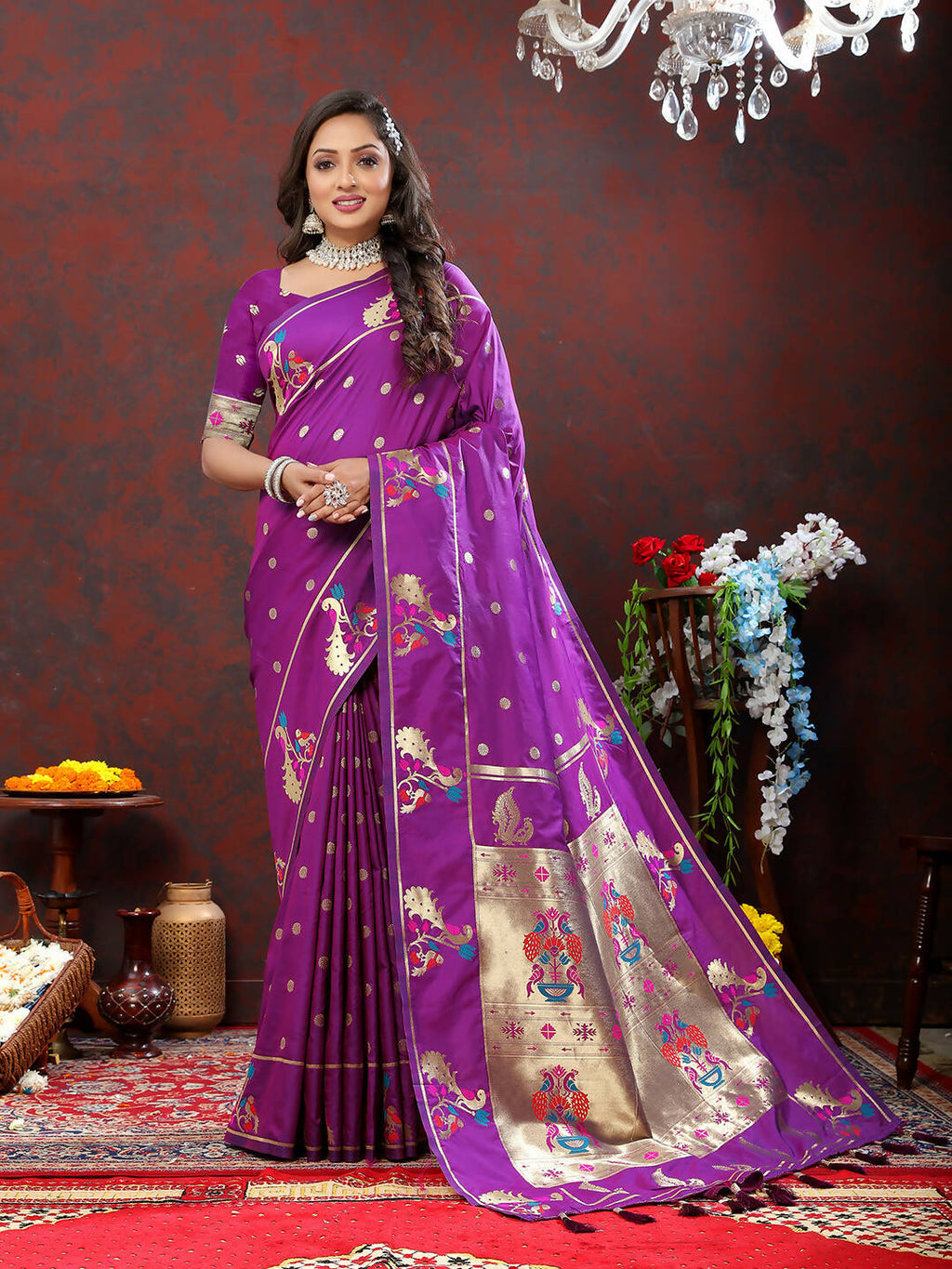 Wine Soft Paithani Silk Saree with Gold Zari Meenakari Weaving