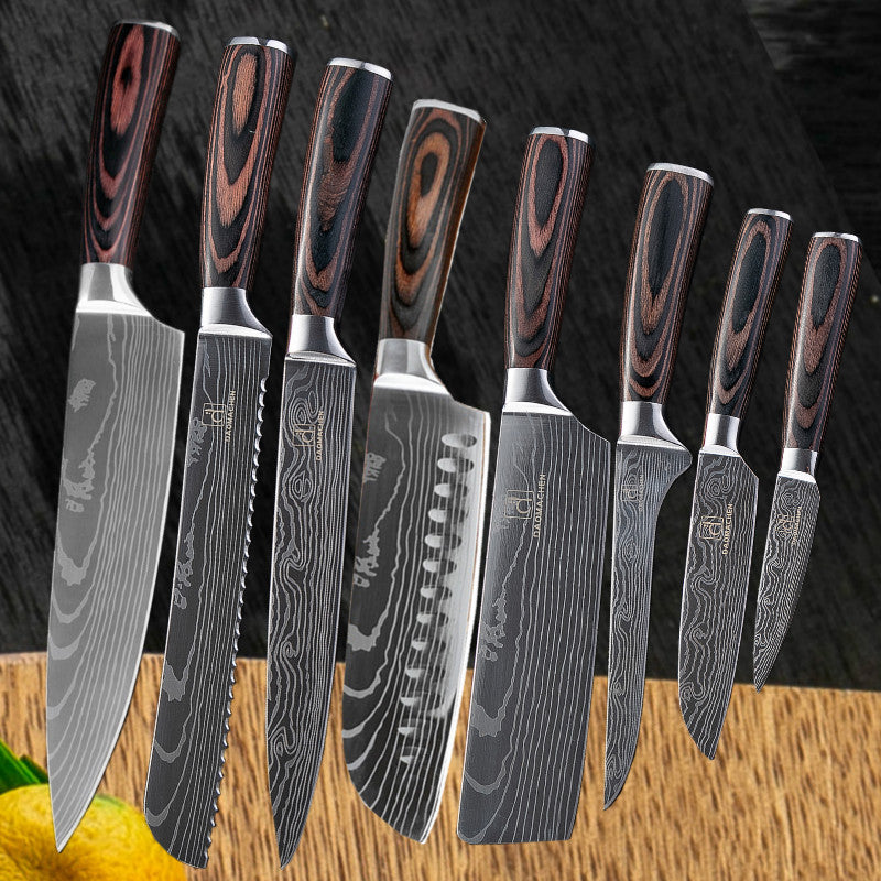 Modern Damascus Style Kitchen Knife Set Silver Brown Black