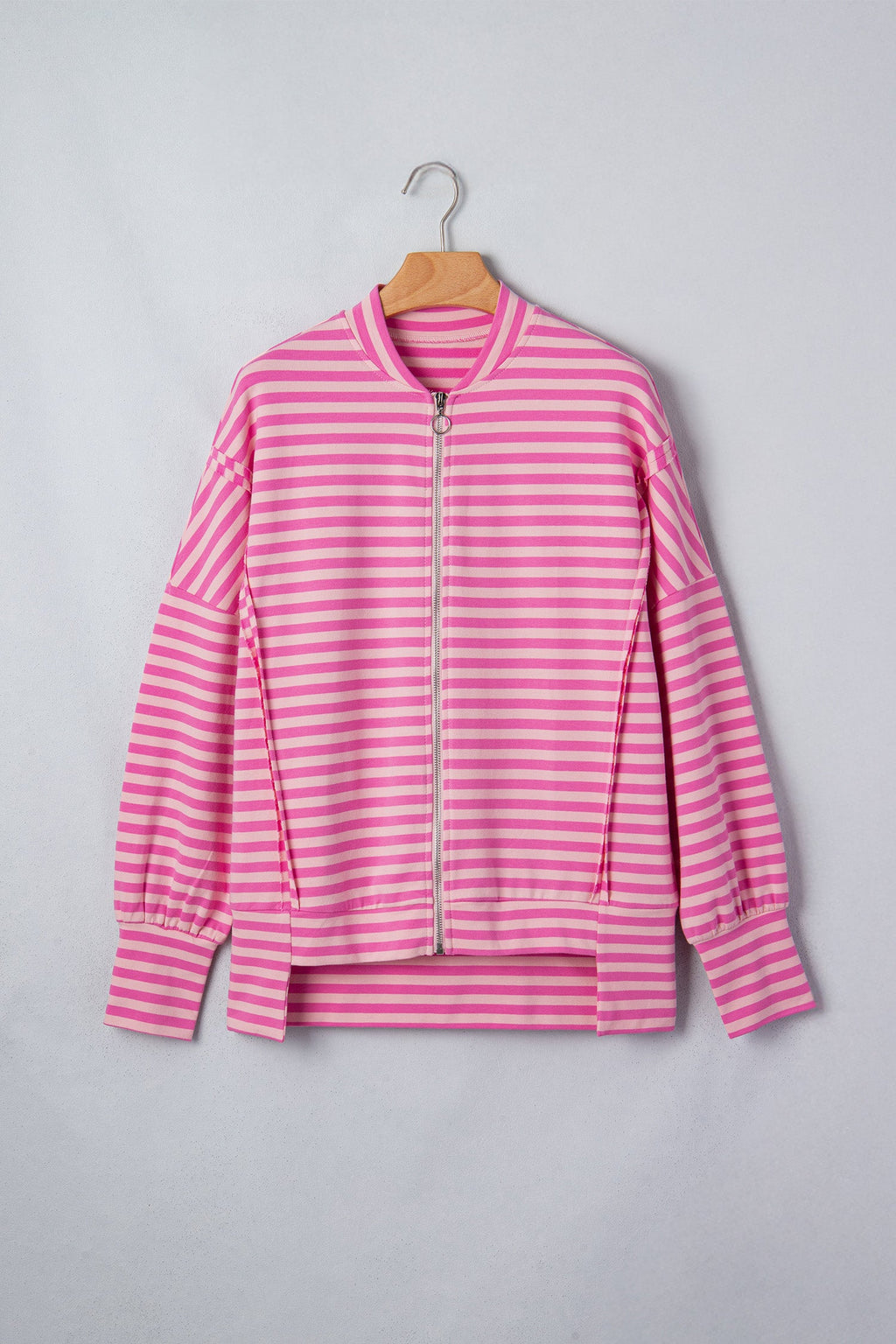 Stripe Puff Sleeve Zip-Up Sweatshirt Jacket