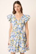 Floral print v-neck mini dress with cap sleeves in romantic summer style