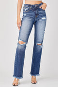 Risen Raw Hem Distressed Straight Jeans | High-Rise Denim