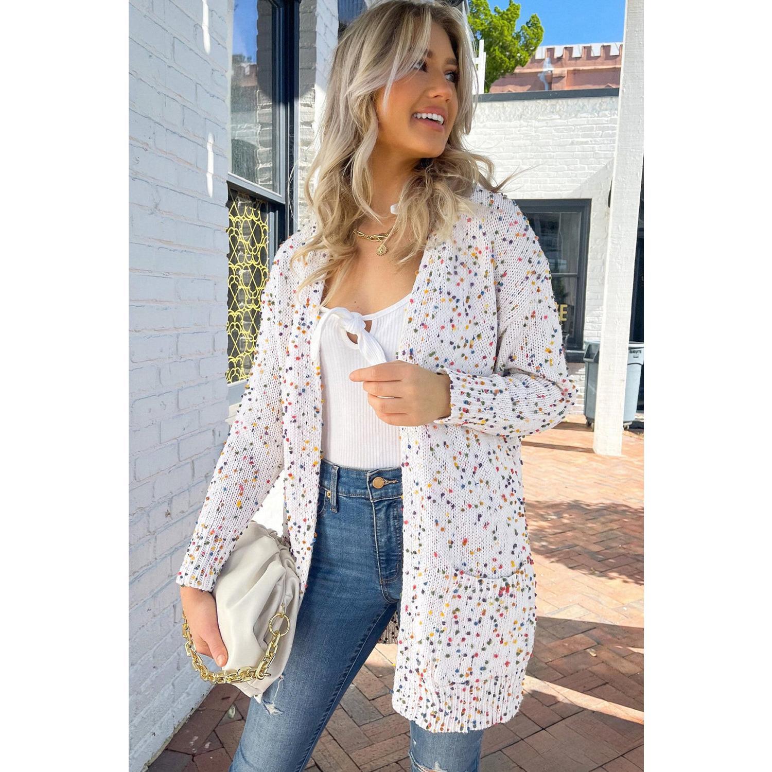 White Confetti Rib Knit Long Sleeve Cardigan Knitwear Womenswear