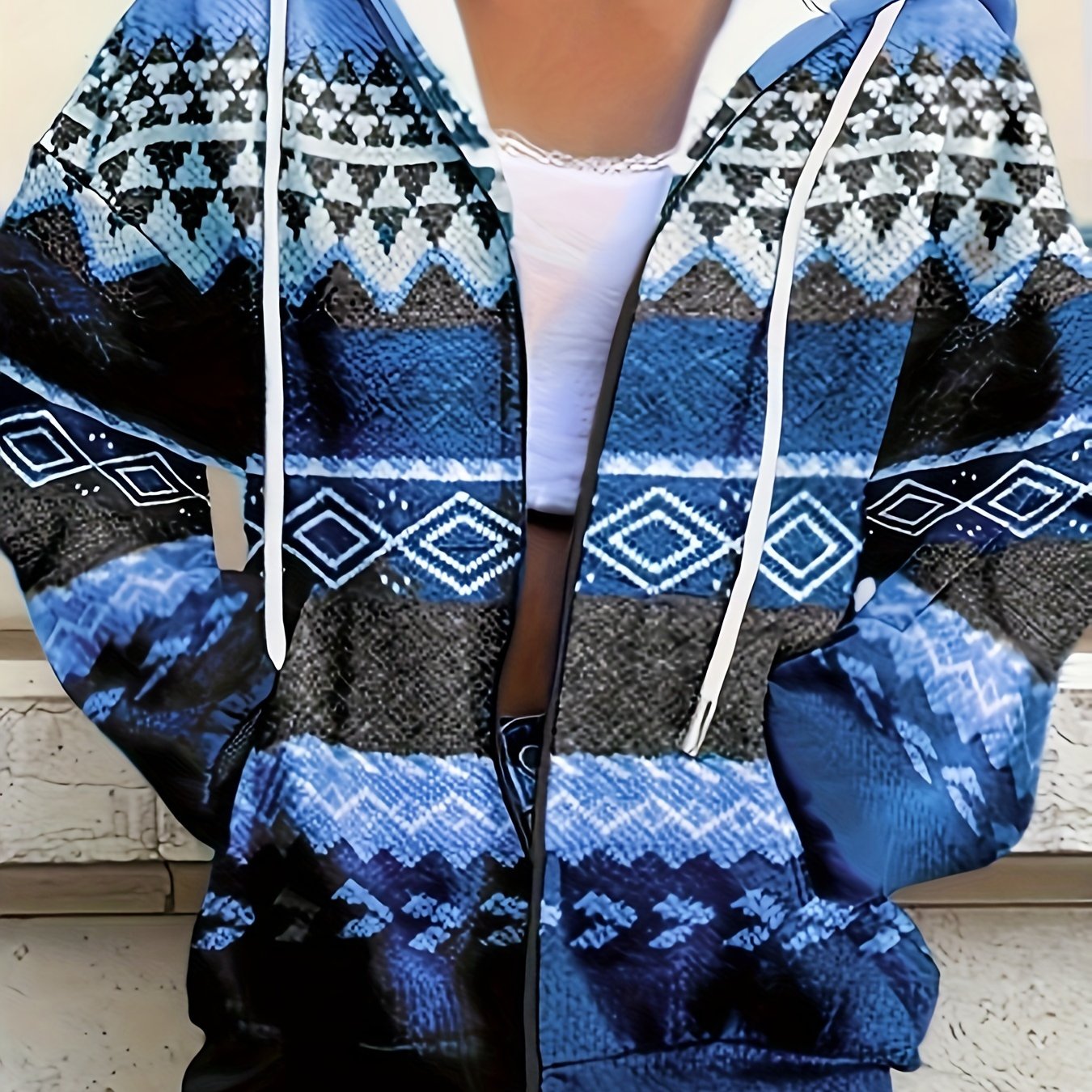 Women's Blue Tribal Print Zip-Up Hoodie Casual Lightweight Sweatshirt - Image 3