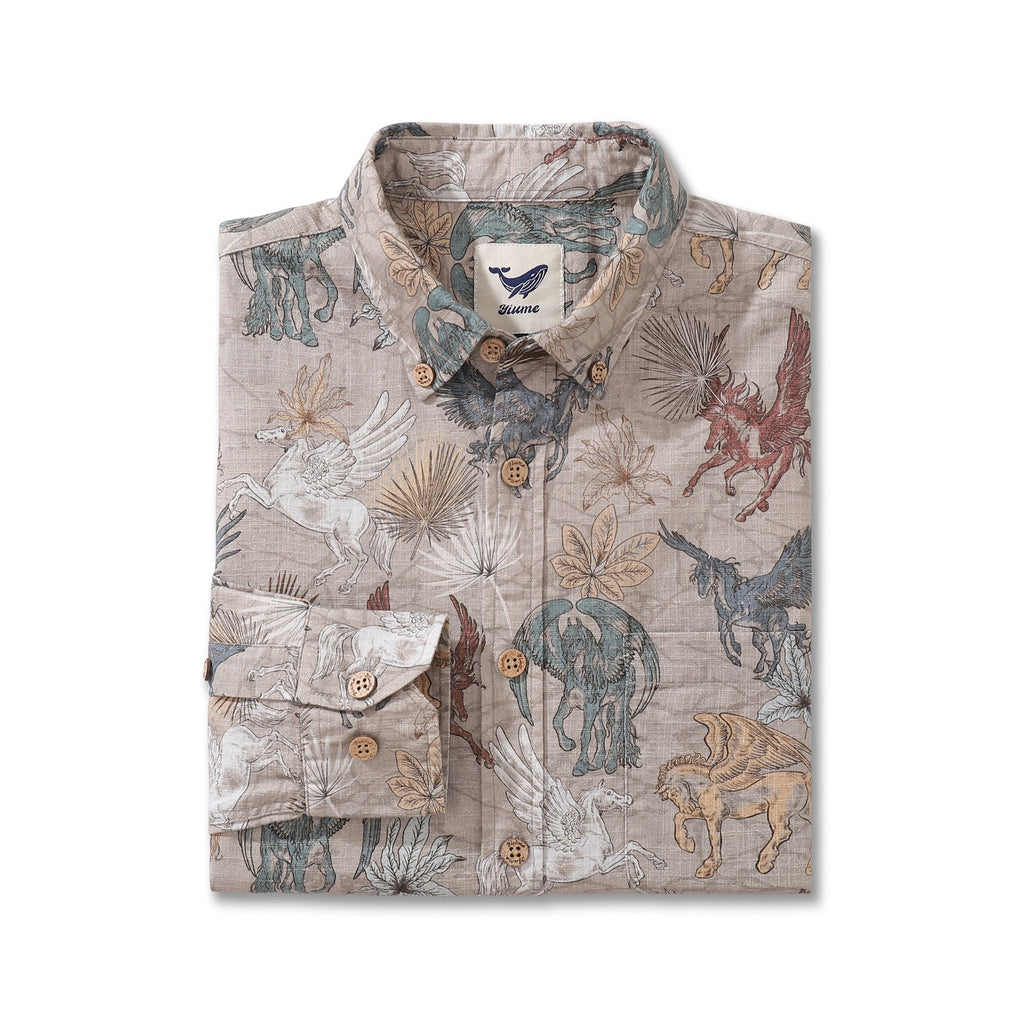 Pegasus Print Long Sleeve Cotton Button-Down Aloha Shirt