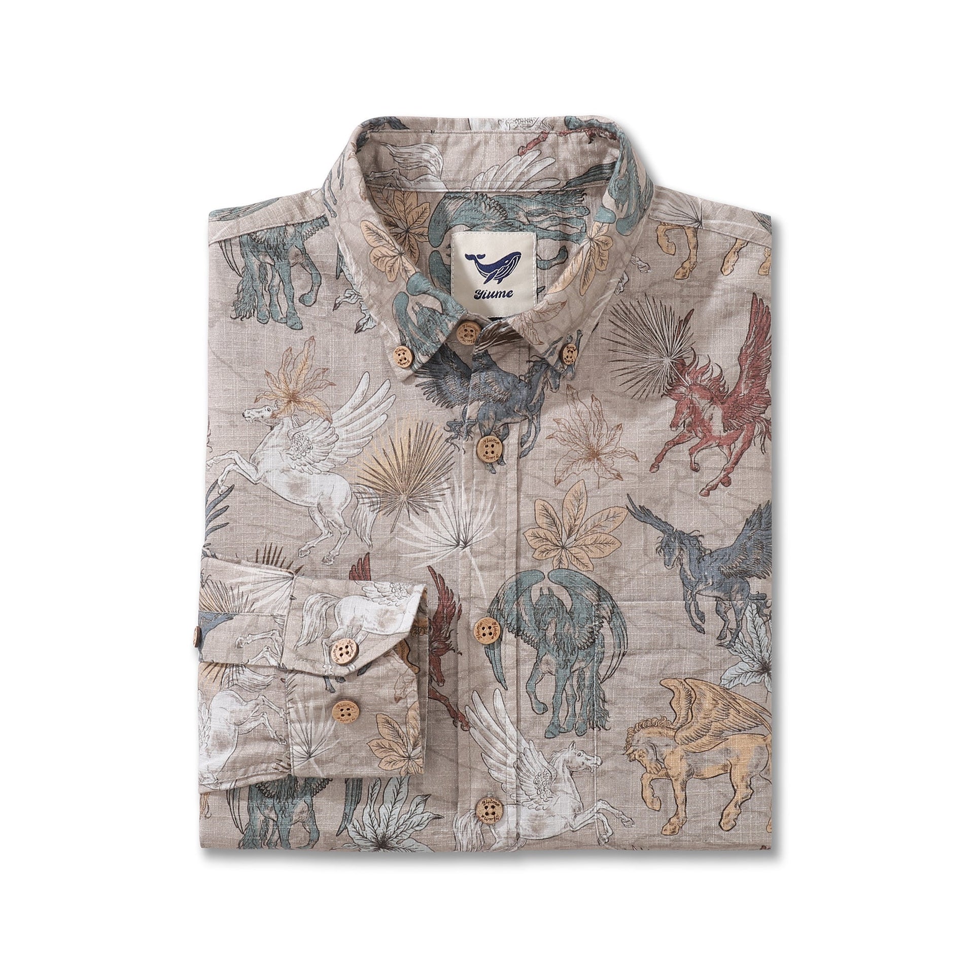 Pegasus Print Long Sleeve Cotton Button-Down Aloha Shirt