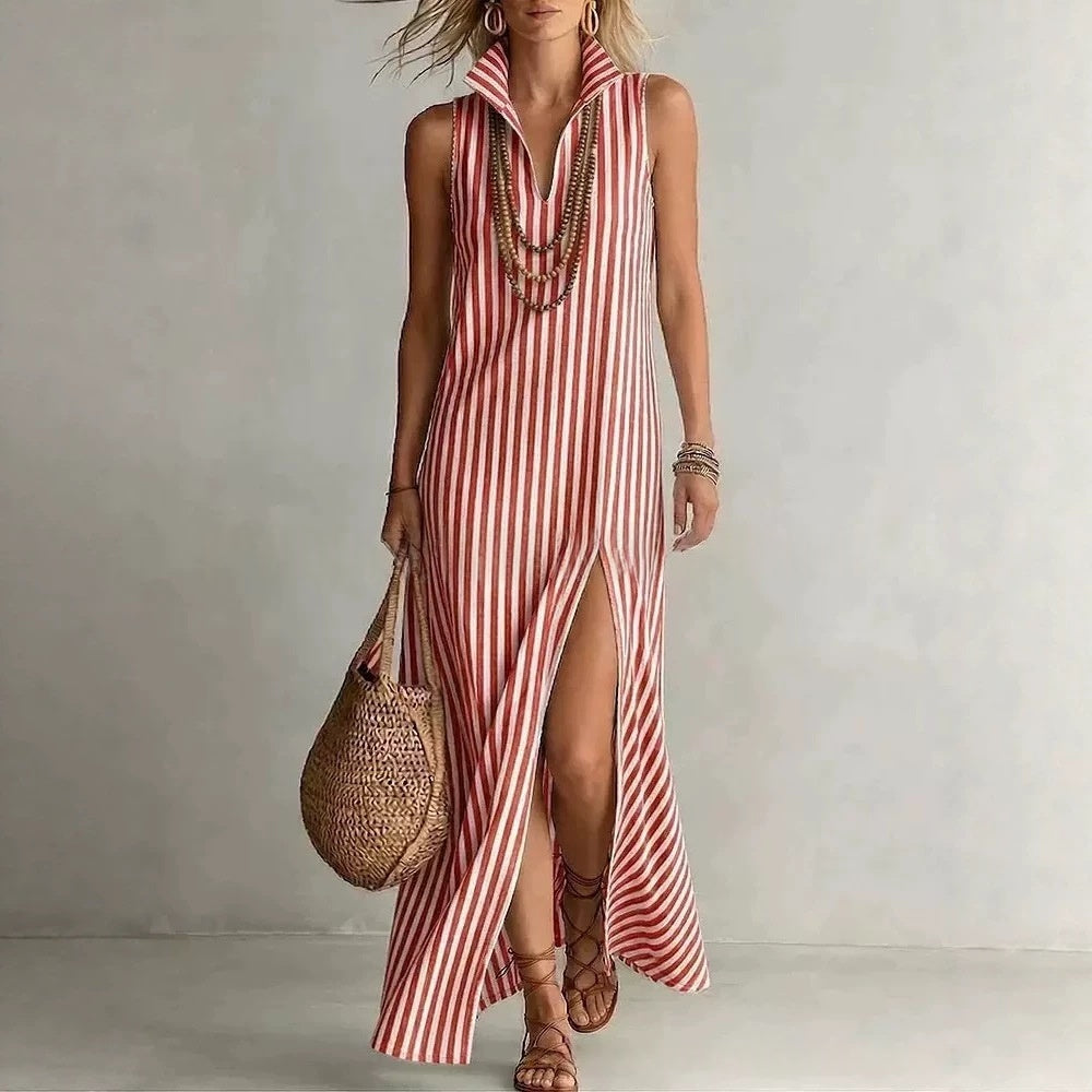 Striped Stand Collar Sleeveless Maxi Dress with Side Slit - Image 7