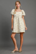 Cream and pale-gold heart jacquard mini dress with square neck and puff sleeves